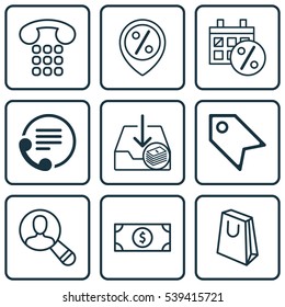 Set Of 9 Commerce Icons. Includes Black Friday, Discount Location, Withdraw Money And Other Symbols. Beautiful Design Elements.