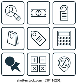 Set Of 9 Commerce Icons. Includes Price, Spectator, Discount Coupon And Other Symbols. Beautiful Design Elements.