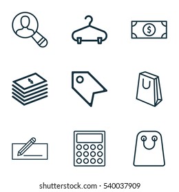 Set Of 9 Commerce Icons. Includes Money Transfer, Peg, Tote Bag And Other Symbols. Beautiful Design Elements.