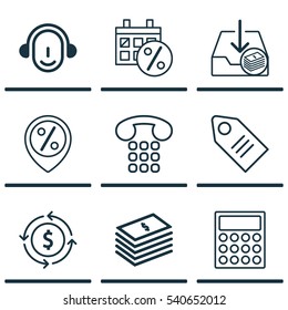 Set Of 9 Commerce Icons. Includes Dollar Banknote, Black Friday, Calculator And Other Symbols. Beautiful Design Elements.