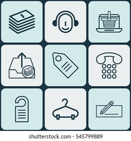 Set Of 9 Commerce Icons. Includes E-Trade, Peg, Ticket And Other Symbols. Beautiful Design Elements.