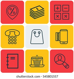 Set Of 9 Commerce Icons. Includes E-Trade, Spiral Notebook, Tote Bag And Other Symbols. Beautiful Design Elements.