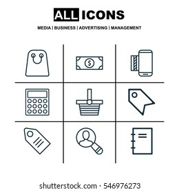Set Of 9 Commerce Icons. Includes Pannier, Spectator, Calculator And Other Symbols. Beautiful Design Elements.