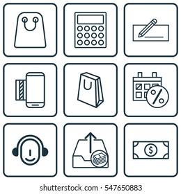 Set Of 9 Commerce Icons. Includes Outgoing Earnings, Tote Bag, Mobile Service And Other Symbols. Beautiful Design Elements.