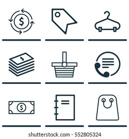 Set Of 9 Commerce Icons. Includes Buck, Spiral Notebook, Dollar Banknote And Other Symbols. Beautiful Design Elements.