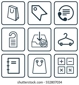 Set Of 9 Commerce Icons. Includes Tote Bag, Spiral Notebook, Price Stamp And Other Symbols. Beautiful Design Elements.
