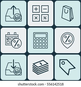 Set Of 9 Commerce Icons. Includes Black Friday, Discount Location, Handbag Symbols. Beautiful Design Elements.