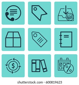 Set Of 9 Commerce Icons. Includes Withdraw Money, Ticket, Cardboard And Other Symbols. Beautiful Design Elements.
