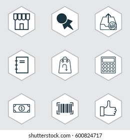 Set Of 9 Commerce Icons. Includes Shop, Calculator, Buck And Other Symbols. Beautiful Design Elements.