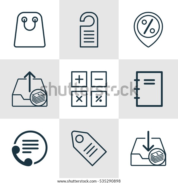 Set Of 9 Commerce Icons. Includes Spiral\
Notebook, Outgoing Earnings, Calculation Tool And Other Symbols.\
Beautiful Design Elements.