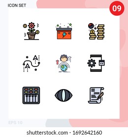 Paquete de 9 colores planos de línea plana comercial para capacidades; desarrollo; moneda; diseño; codificación Elementos de diseño de vectores editables