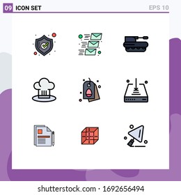 Set of 9 Commercial Filledline Flat Colors pack for tag; cook; howitzer; chef hat; cafe Editable Vector Design Elements