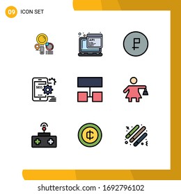 Set mit 9 kommerziellen Flachfarben-Paketen für die Konfiguration; optimieren; Unternehmen; mobil; Bearbeitbare Vektorillustration-Design-Elemente für Rubel
