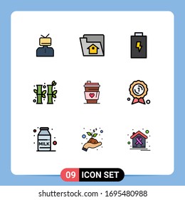 Set of 9 Commercial Filledline Flat Colors pack for drink; gree; service; chinese; bamboo Editable Vector Design Elements