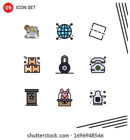 Set of 9 Commercial Filledline Flat Colors pack for lock; production; image; product; industrial Editable Vector Design Elements