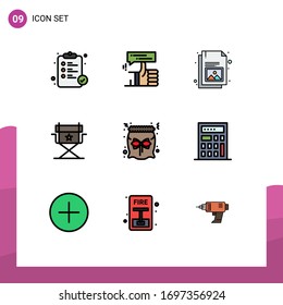 Set of 9 Commercial Filledline Flat Colors pack for candy; director; thumb; cinema; image Editable Vector Design Elements