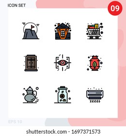Set of 9 Commercial Filledline Flat Colors pack for window; home; holiday; trolley; groceries Editable Vector Design Elements