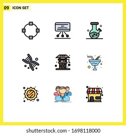 Set of 9 Commercial Filledline Flat Colors pack for farming; agriculture; demo flask; technology; dna Editable Vector Design Elements