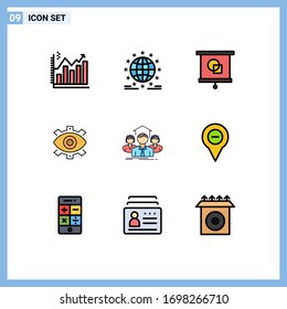 Set of 9 Commercial Filledline Flat Colors pack for business; creative; network; eye; projector Editable Vector Design Elements