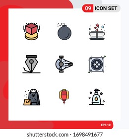 Conjunto de 9 paquetes de colores planos de línea plana comercial para interceptor; cruceros; corazón; pluma; elementos de diseño de vectores editables de forma libre