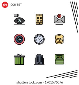 Juego de 9 paquetes de colores planos comerciales para la cena. rendimiento; bloque; joyería; logros Elementos de diseño de vectores editables