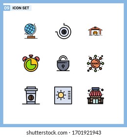 Set of 9 Commercial Filledline Flat Colors pack for security; lock; building; timer; clock Editable Vector Design Elements