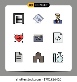 Set of 9 Commercial Filledline Flat Colors pack for hotel; heart; electronic; medical; leader Editable Vector Design Elements