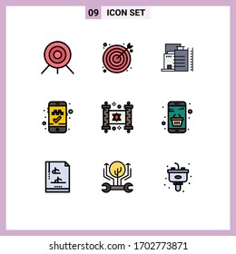 Set of 9 Commercial Filledline Flat Colors pack for party; hanukkah; building; mobile app; book cab Editable Vector Design Elements