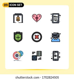 Set of 9 Commercial Filledline Flat Colors pack for ui; basic; doc; shield; plus Editable Vector Design Elements