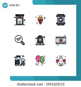 Set of 9 Commercial Filledline Flat Colors pack for girl; view; mardi gras; search; space Editable Vector Design Elements