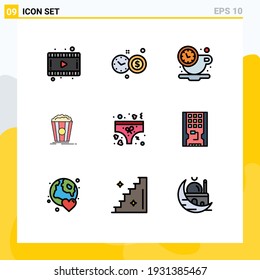 Set of 9 Commercial Filledline Flat Colors pack for underwear; love; rest; clothing; movie Editable Vector Design Elements