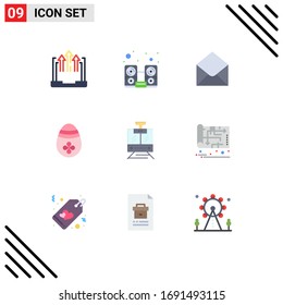 Set of 9 Commercial Flat Colors pack for train; easter egg; speaker; easter; message Editable Vector Design Elements
