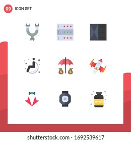Conjunto de 9 embalajes de colores planos comerciales para naves espaciales; seguro; moda; inversión; elementos de diseño de vectores editables de rueda