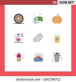 Set of 9 Commercial Flat Colors pack for drink; cake; cleaning; pin; metal Editable Vector Design Elements