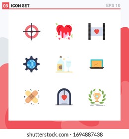 Set of 9 Commercial Flat Colors pack for bottle; gear; heart; internet; global Editable Vector Design Elements