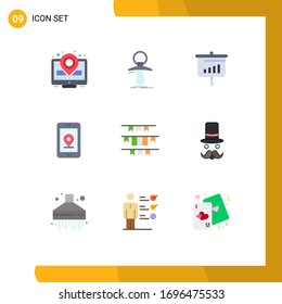 Paquete de 9 colores planos comerciales para bandera; ubicación; gráfico; internet; elementos de diseño de vectores editables de gráficos