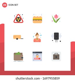 Set of 9 Commercial Flat Colors pack for waitress; restaurant; flower; employee; vehicle Editable Vector Design Elements