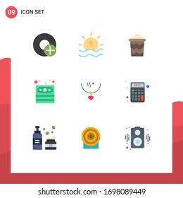 Set of 9 Commercial Flat Colors pack for amulet; money; shine; cash; summer Editable Vector Design Elements