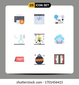 Set of 9 Commercial Flat Colors pack for night; climate; html; bulb; light Editable Vector Design Elements