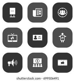 Set Of 9 Commercial Icons Set.Collection Of Like, Billboard, Man With Banner And Other Elements.
