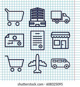 Set of 9 commercial outline icons such as van, business center, plane, delivery car, bill of house, shopping cart, store