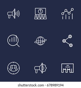 Set Of 9 Commercial Outline Icons Set.Collection Of Research, Social Media Ads, Brand Awareness Elements.