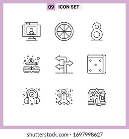 Set of 9 Commercial Outlines pack for casino; direction; eight; arrow; dollar Editable Vector Design Elements