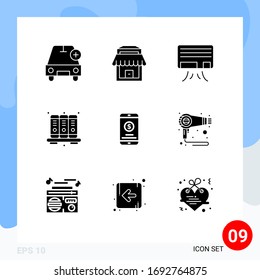 Set of 9 Commercial Solid Glyphs pack for mobile payment; mobile; ac; notebook; business Editable Vector Design Elements