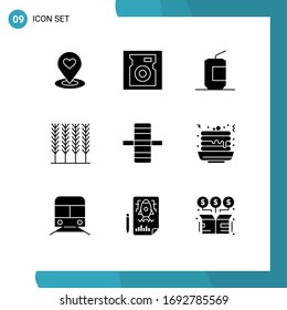 Set of 9 Commercial Solid Glyphs pack for gear; wheat; food; food Editable Vector Design Elements