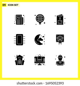 Conjunto de 9 paquetes comerciales de glifos sólidos para luna; hardware; vacaciones; gadget; elementos de diseño de vectores editables para equipos
