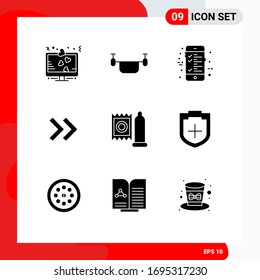 Set of 9 Commercial Solid Glyphs pack for doctor; right; transportation; arrows; ecommerce Editable Vector Design Elements