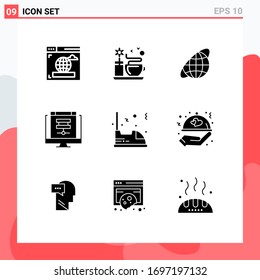 Set of 9 Commercial Solid Glyphs pack for travel; electric; planet; sever; database Editable Vector Design Elements