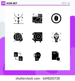 Set of 9 Commercial Solid Glyphs pack for globe; globe; monitor; global security; food Editable Vector Design Elements