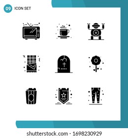 Set of 9 Commercial Solid Glyphs pack for religion; halloween; technology; grave; food Editable Vector Design Elements